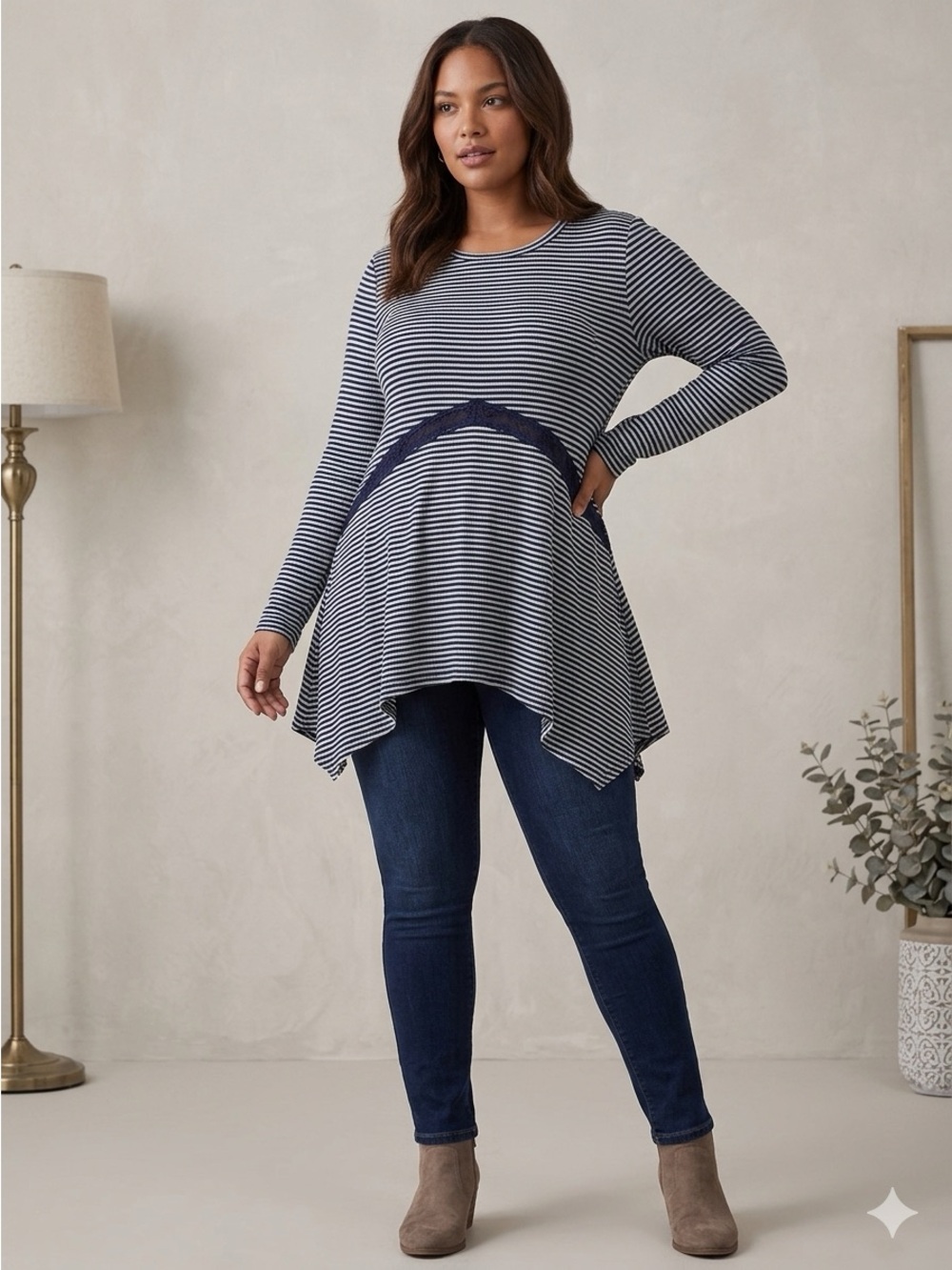 Red Camel Knit Top Long Sleeve Lace Trim Navy and White Striped Women's XLarge